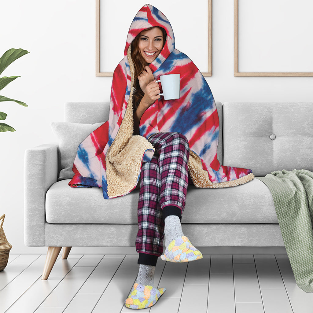 Red And Blue Spider Tie Dye Print Hooded Blanket