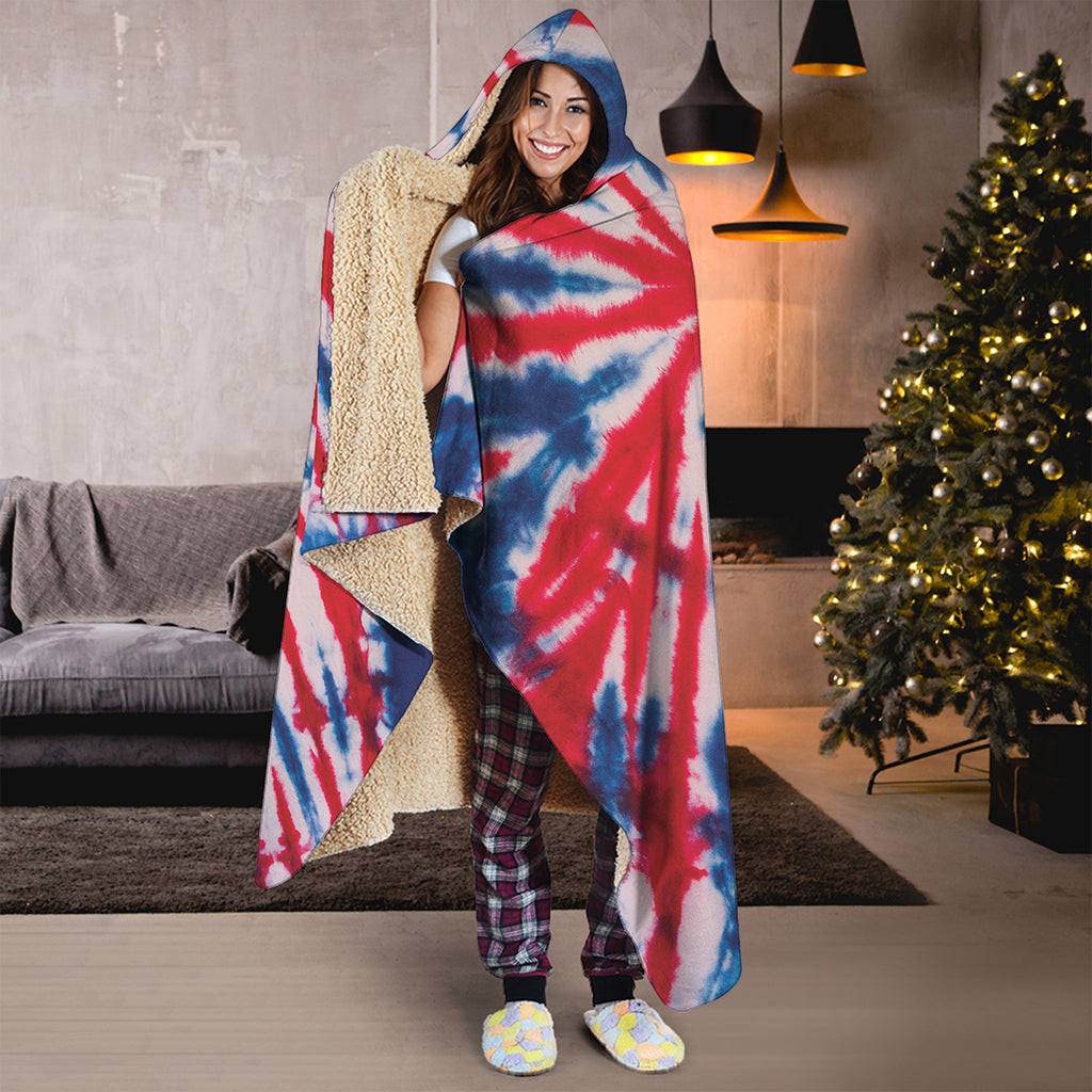 Red And Blue Spider Tie Dye Print Hooded Blanket