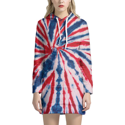 Red And Blue Spider Tie Dye Print Hoodie Dress