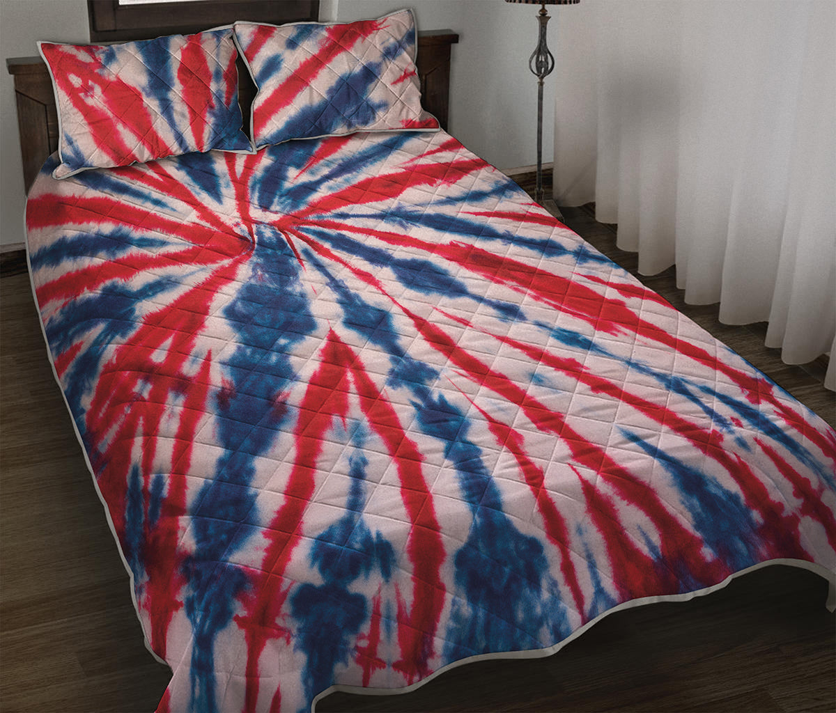 Red And Blue Spider Tie Dye Print Quilt Bed Set