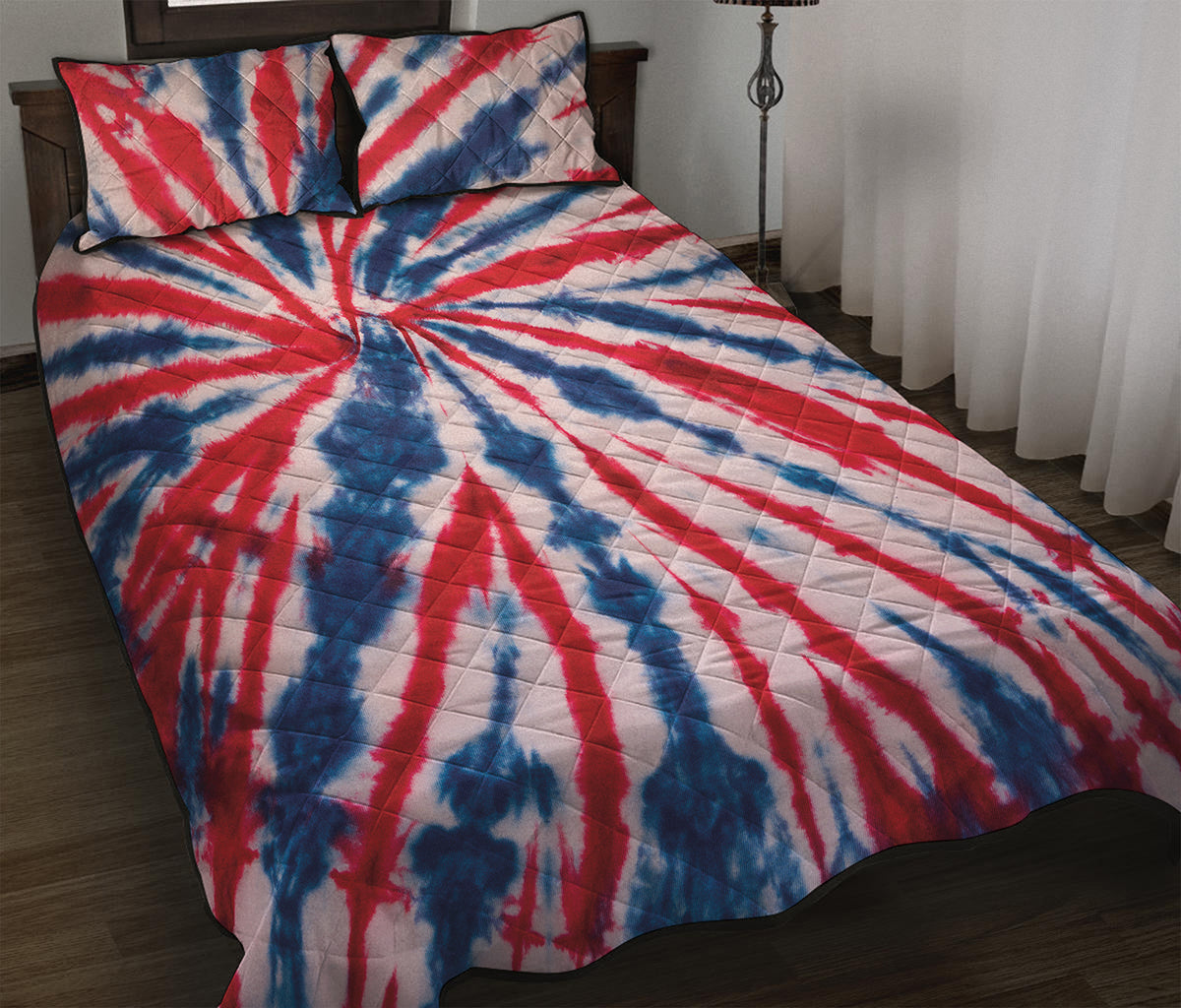 Red And Blue Spider Tie Dye Print Quilt Bed Set