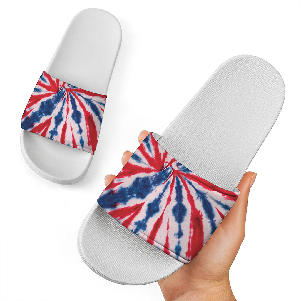 Red And Blue Spider Tie Dye Print White Slide Sandals
