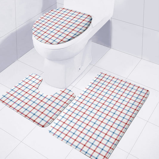 Red And Blue Tattersall Pattern Print 3 Piece Bath Mat Set