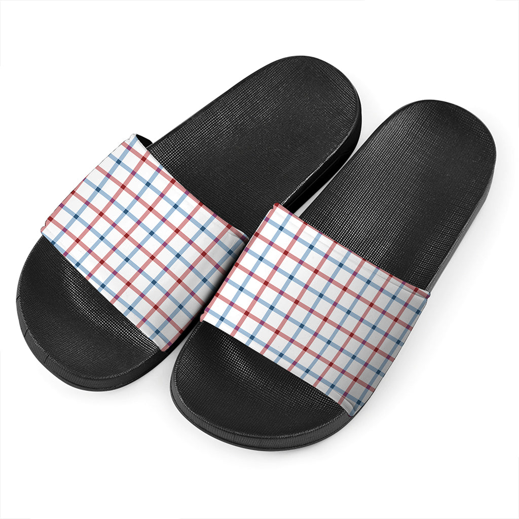 Red And Blue Tattersall Pattern Print Black Slide Sandals