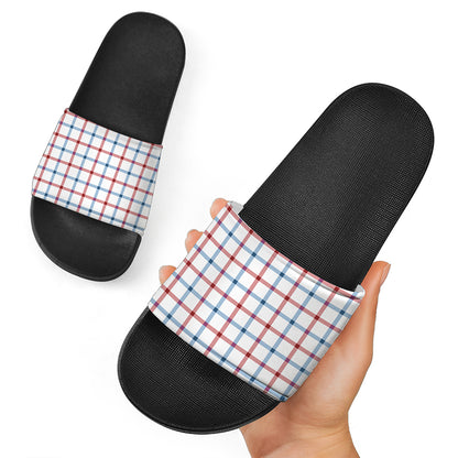 Red And Blue Tattersall Pattern Print Black Slide Sandals