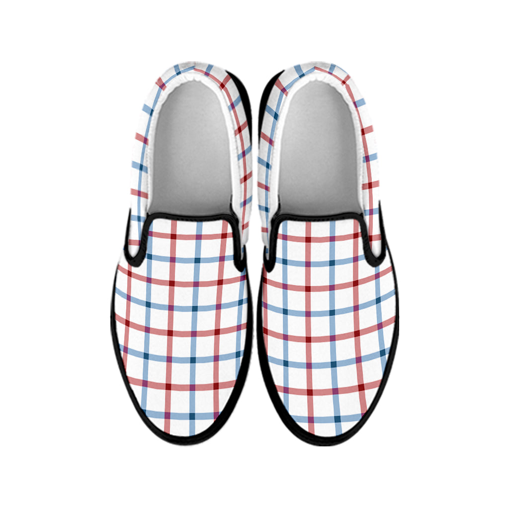 Red And Blue Tattersall Pattern Print Black Slip On Shoes
