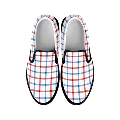 Red And Blue Tattersall Pattern Print Black Slip On Shoes