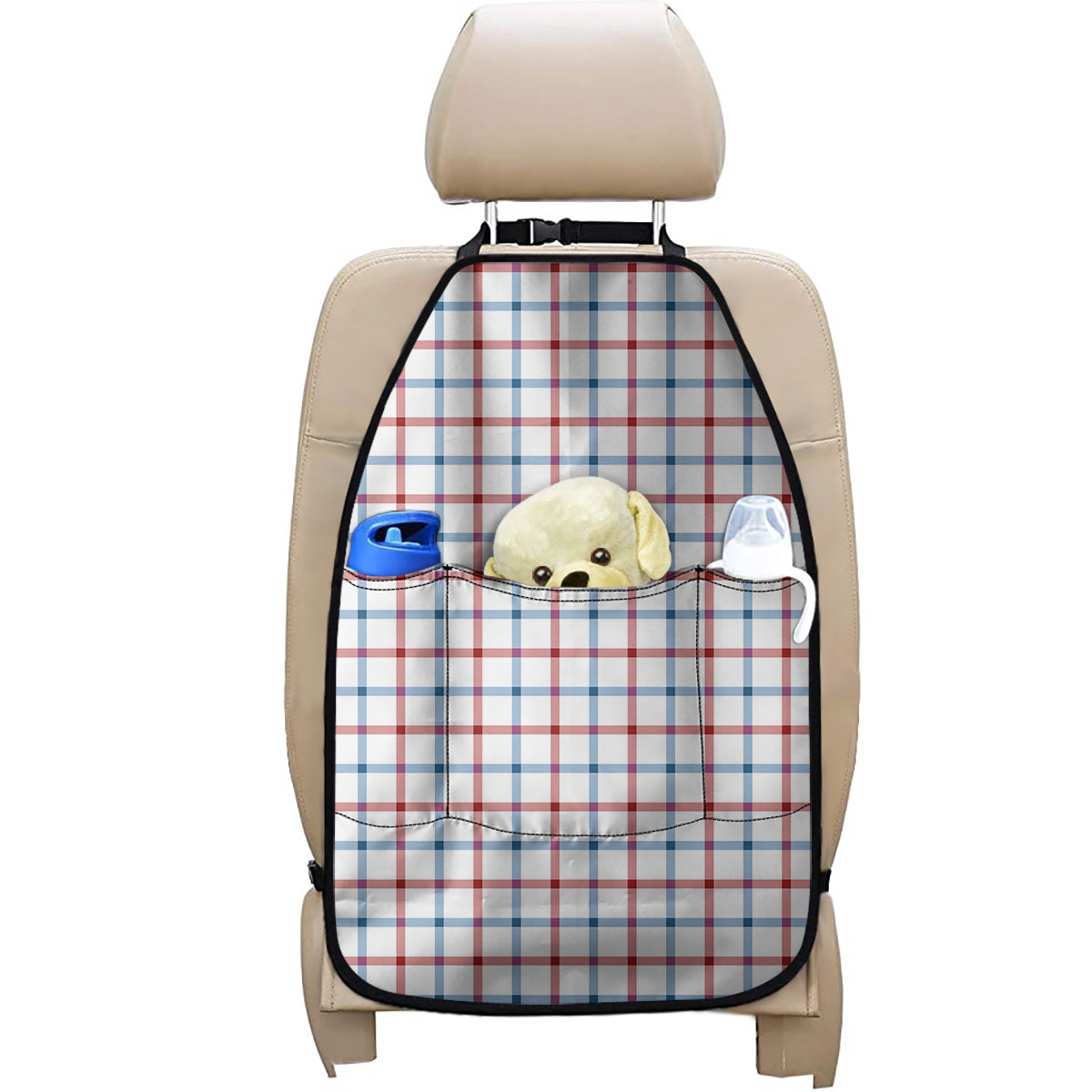 Red And Blue Tattersall Pattern Print Car Seat Organizers
