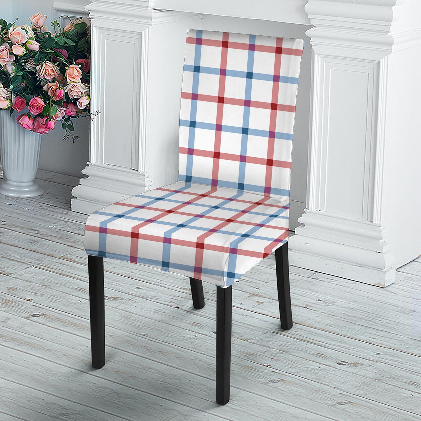 Red And Blue Tattersall Pattern Print Dining Chair Slipcover