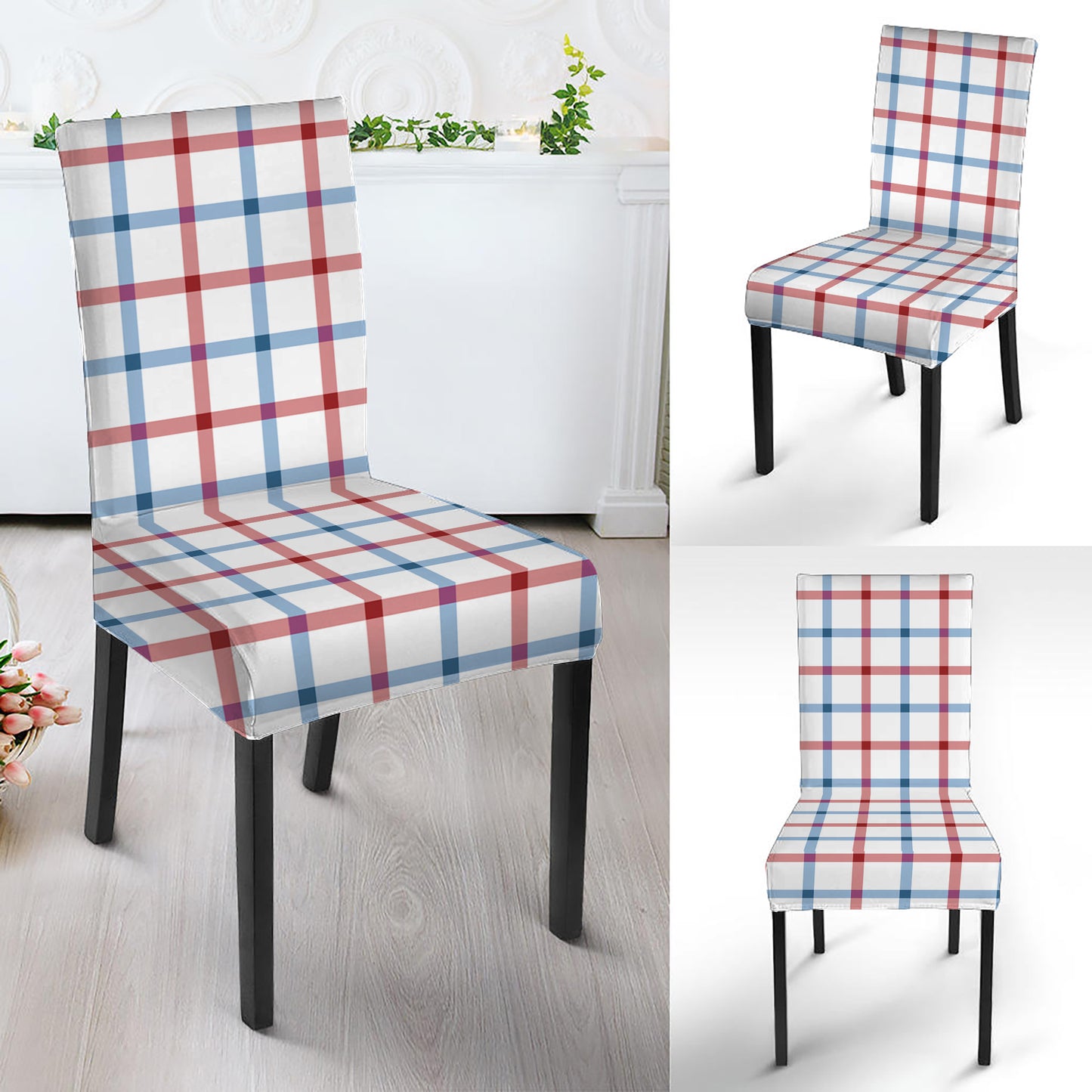 Red And Blue Tattersall Pattern Print Dining Chair Slipcover