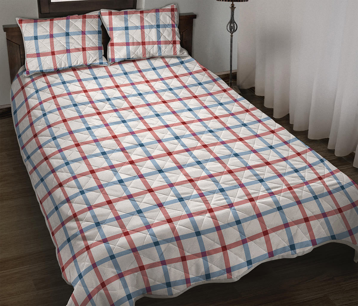 Red And Blue Tattersall Pattern Print Quilt Bed Set