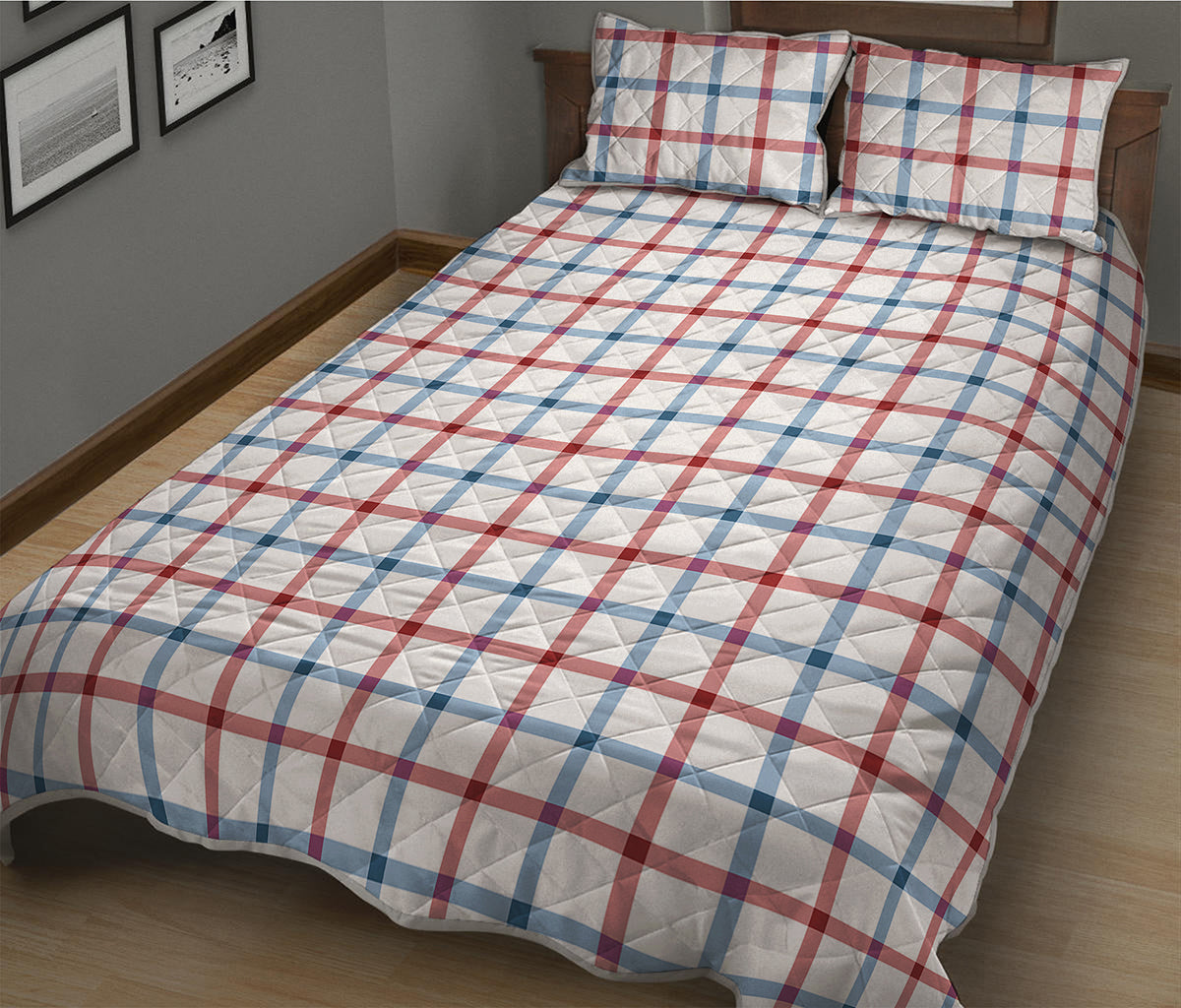 Red And Blue Tattersall Pattern Print Quilt Bed Set