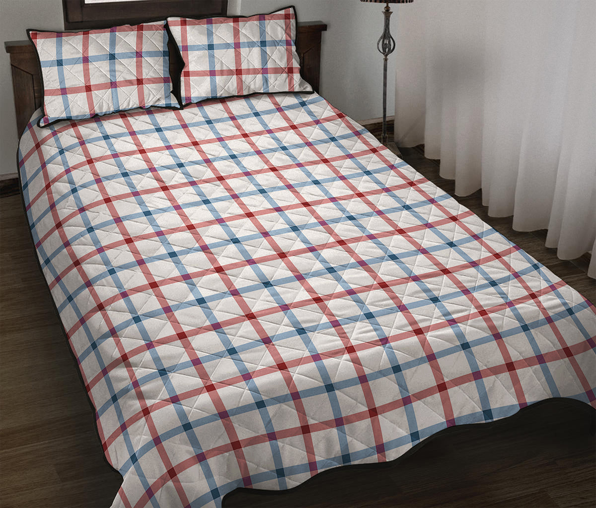 Red And Blue Tattersall Pattern Print Quilt Bed Set