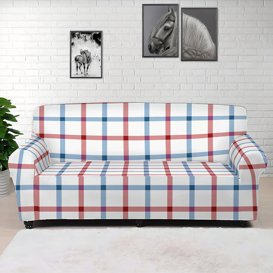 Red And Blue Tattersall Pattern Print Sofa Cover