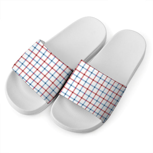 Red And Blue Tattersall Pattern Print White Slide Sandals