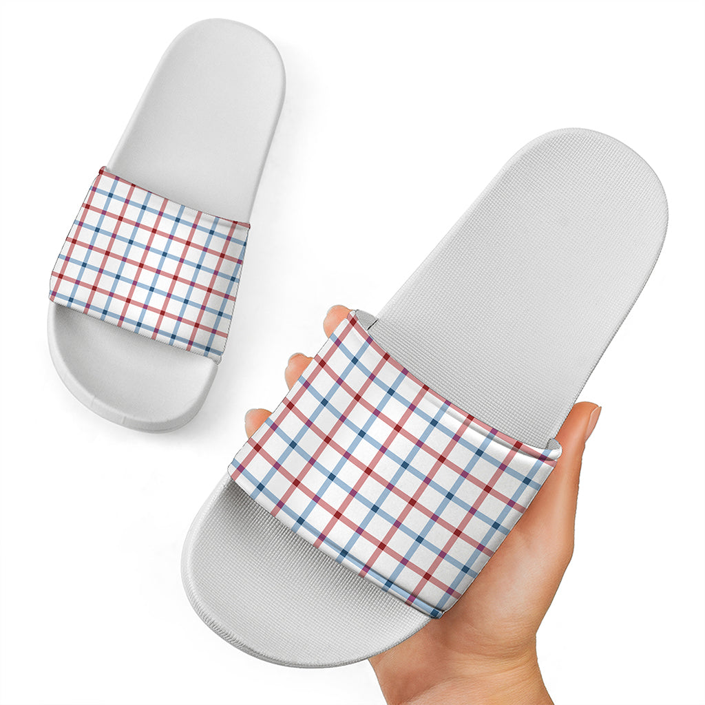 Red And Blue Tattersall Pattern Print White Slide Sandals