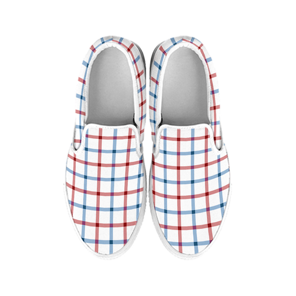 Red And Blue Tattersall Pattern Print White Slip On Shoes