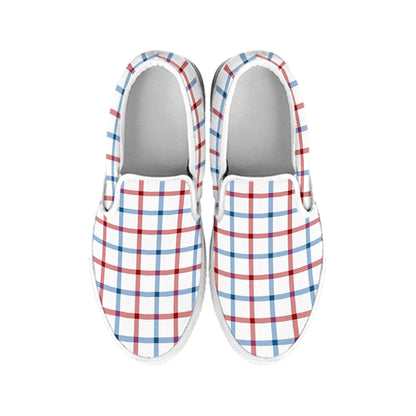 Red And Blue Tattersall Pattern Print White Slip On Shoes