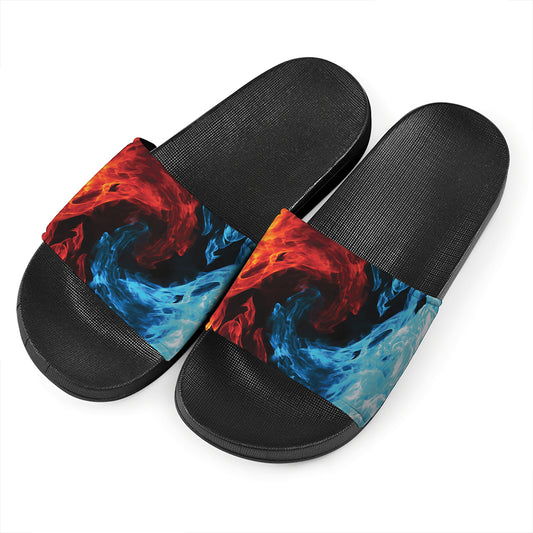 Red And Blue Twin Flame Print Black Slide Sandals