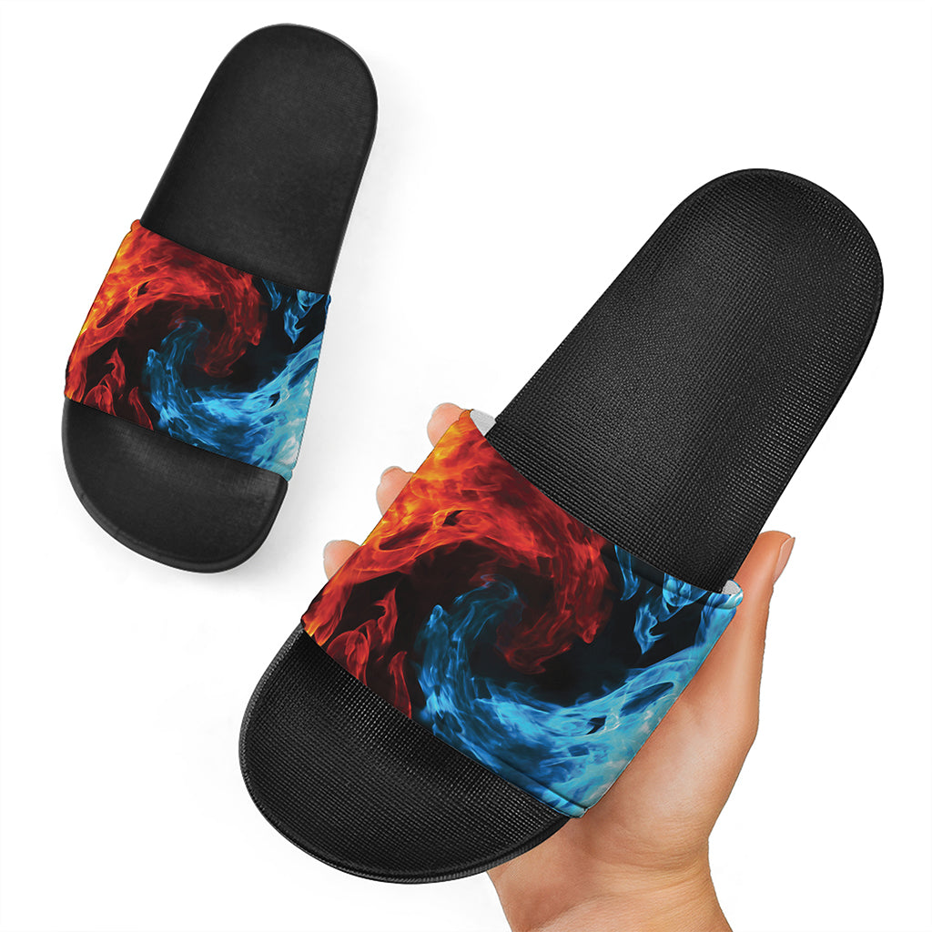 Red And Blue Twin Flame Print Black Slide Sandals