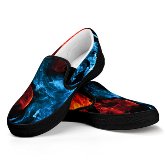 Red And Blue Twin Flame Print Black Slip On Shoes