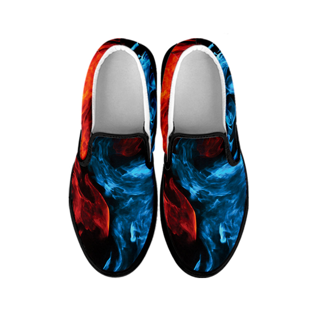 Red And Blue Twin Flame Print Black Slip On Shoes