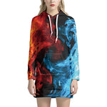 Red And Blue Twin Flame Print Pullover Hoodie Dress