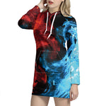 Red And Blue Twin Flame Print Pullover Hoodie Dress