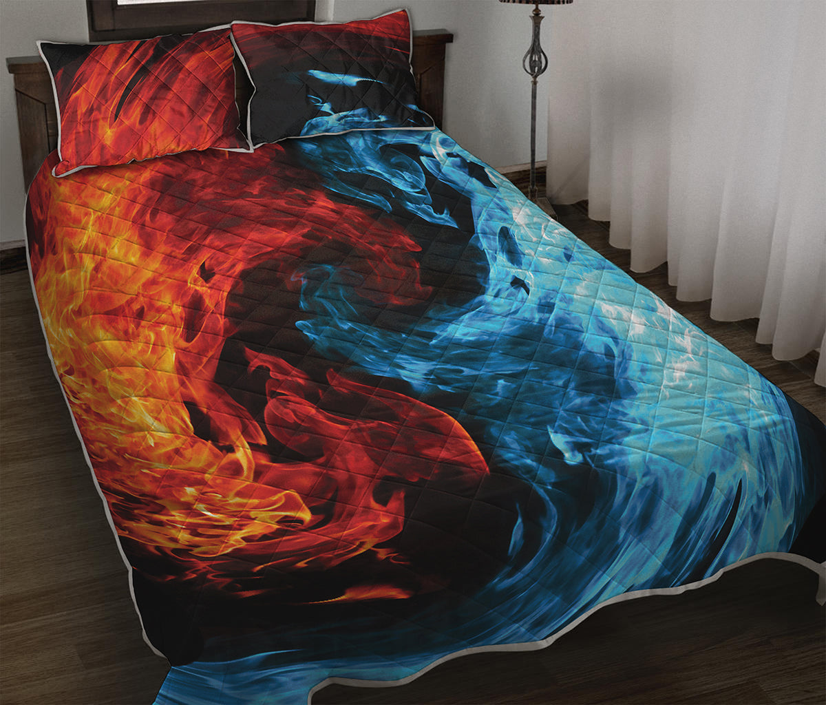 Red And Blue Twin Flame Print Quilt Bed Set