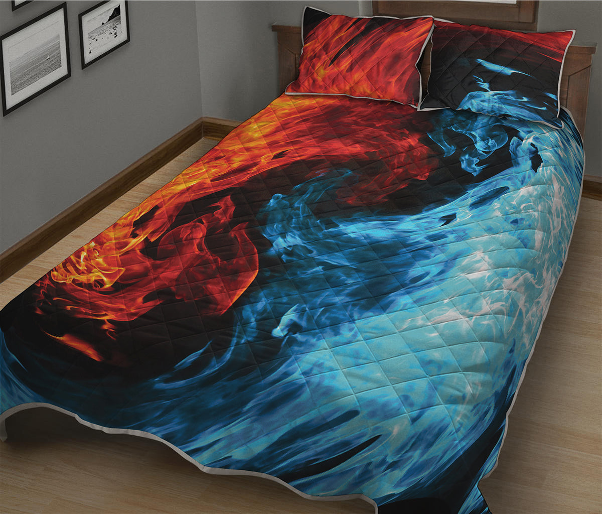Red And Blue Twin Flame Print Quilt Bed Set