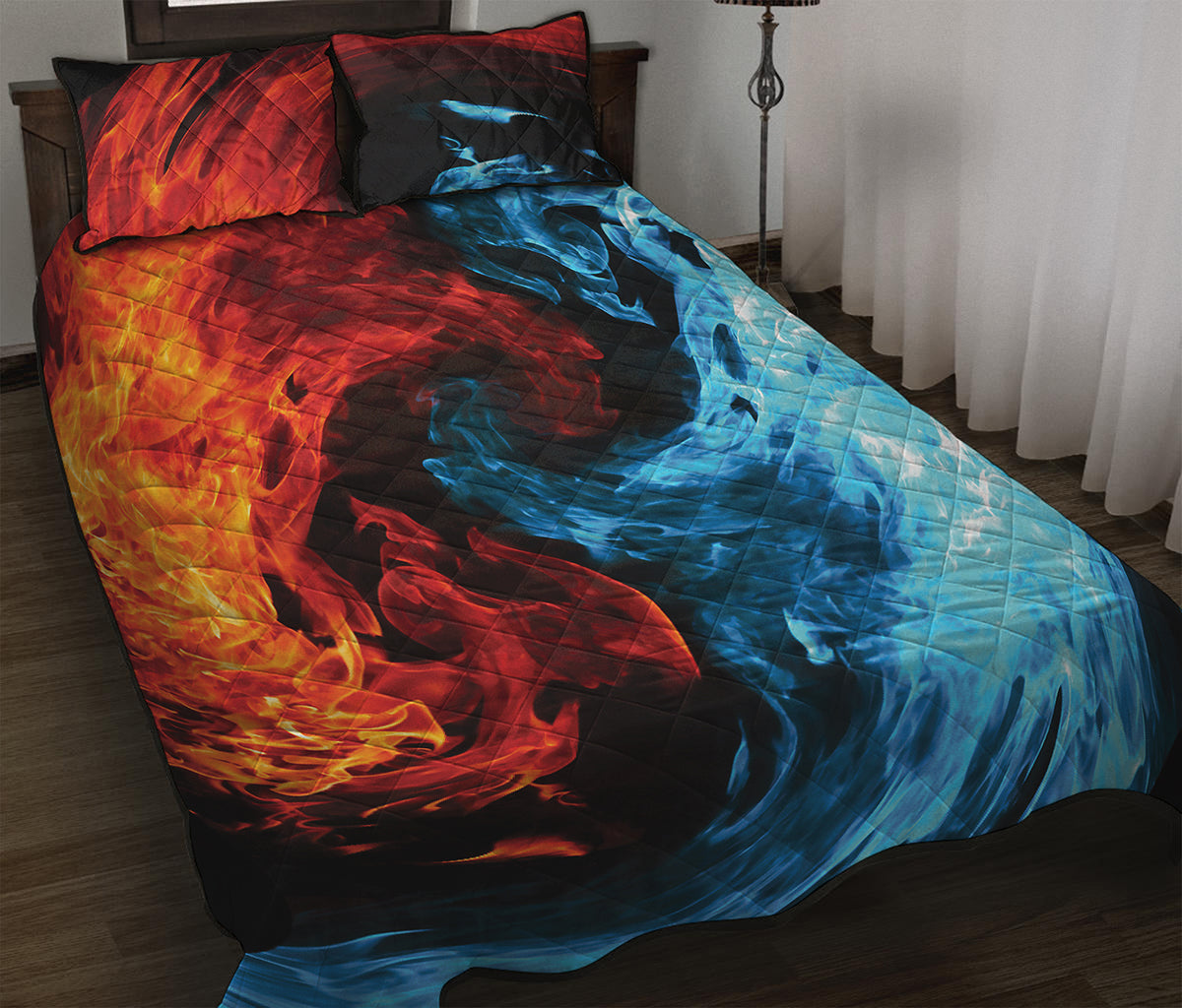 Red And Blue Twin Flame Print Quilt Bed Set