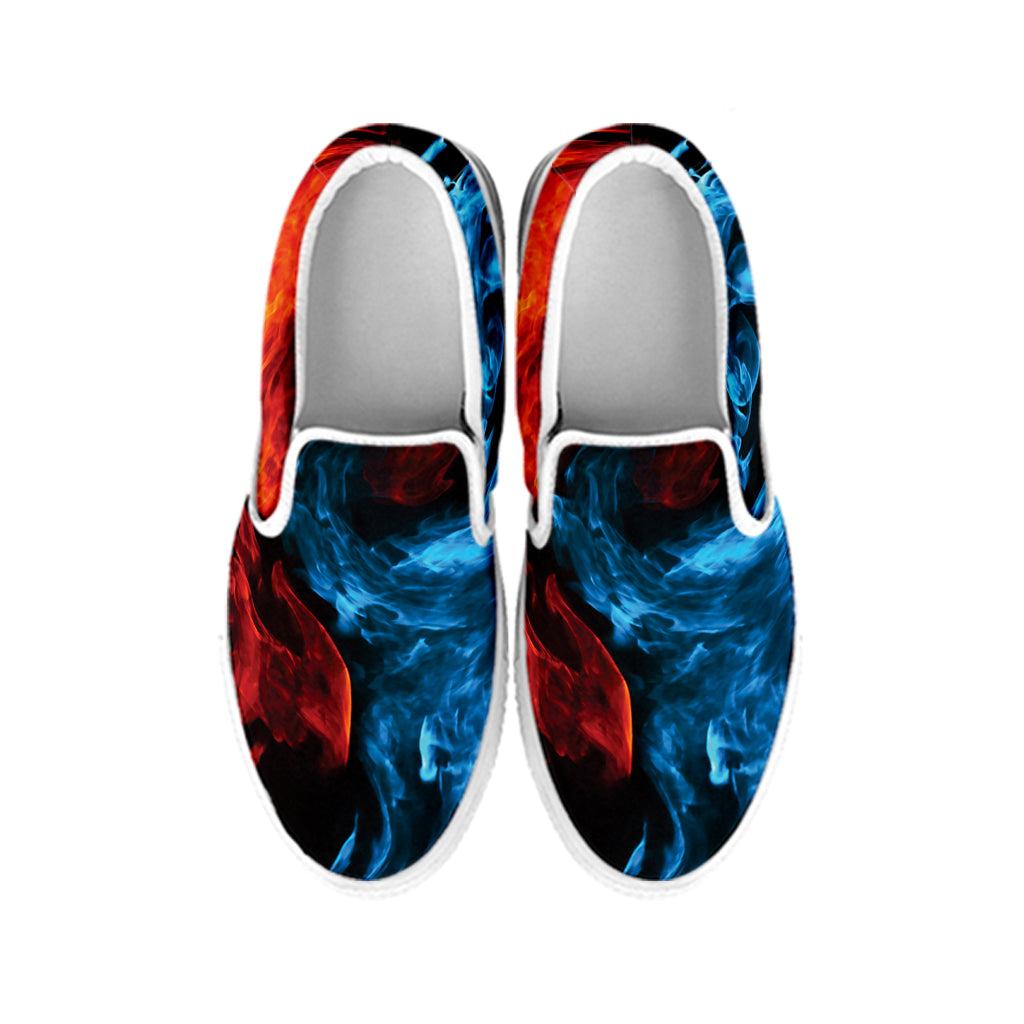 Red And Blue Twin Flame Print White Slip On Shoes
