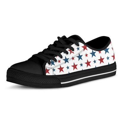 Red And Blue USA Star Pattern Print Black Low Top Shoes