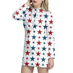 Red And Blue USA Star Pattern Print Hoodie Dress