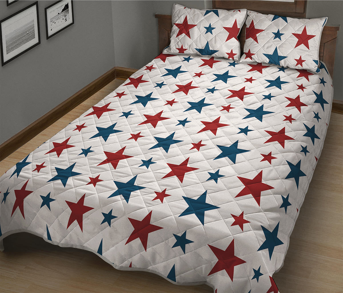 Red And Blue USA Star Pattern Print Quilt Bed Set