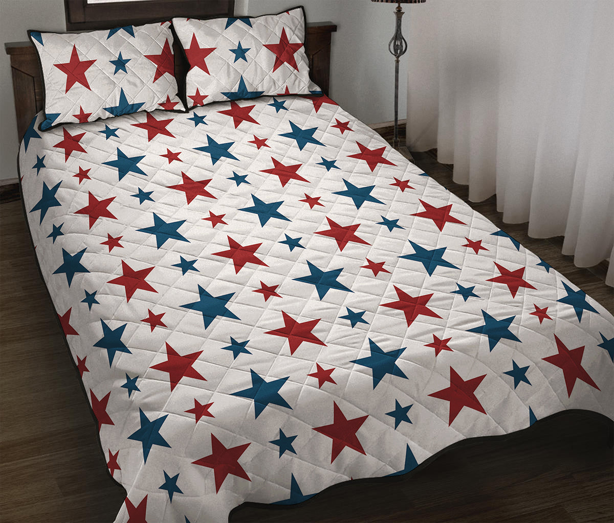 Red And Blue USA Star Pattern Print Quilt Bed Set