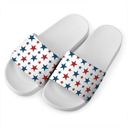 Red And Blue USA Star Pattern Print White Slide Sandals