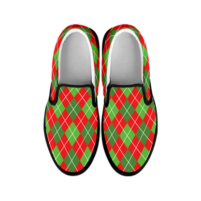 Red And Green Argyle Pattern Print Black Slip On Shoes