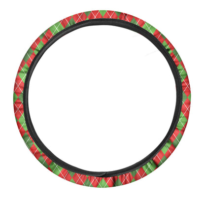 Red And Green Argyle Pattern Print Car Steering Wheel Cover