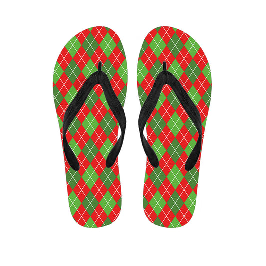 Red And Green Argyle Pattern Print Flip Flops