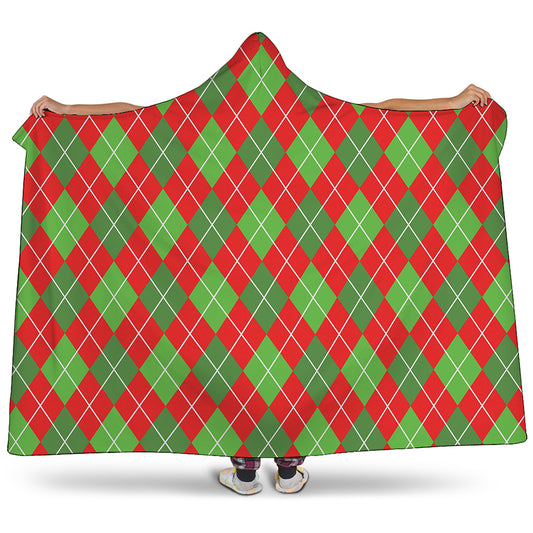 Red And Green Argyle Pattern Print Hooded Blanket
