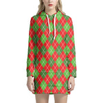 Red And Green Argyle Pattern Print Hoodie Dress