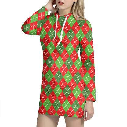 Red And Green Argyle Pattern Print Hoodie Dress