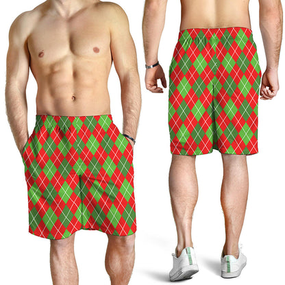 Red And Green Argyle Pattern Print Men's Shorts