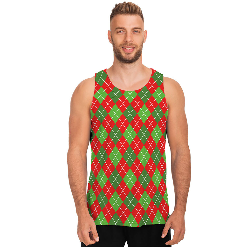 Red And Green Argyle Pattern Print Men's Tank Top