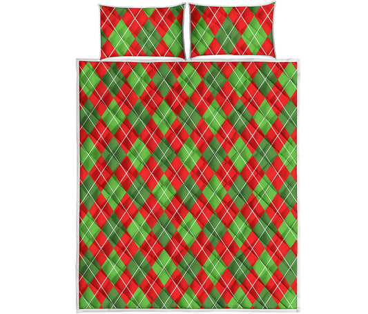Red And Green Argyle Pattern Print Quilt Bed Set