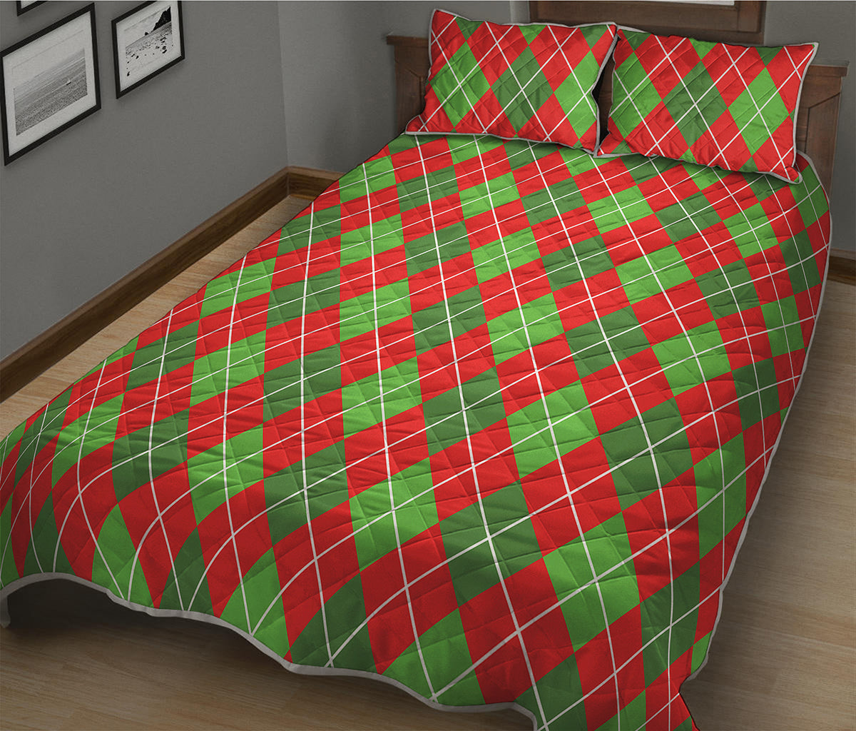 Red And Green Argyle Pattern Print Quilt Bed Set