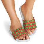 Red And Green Argyle Pattern Print White Slide Sandals