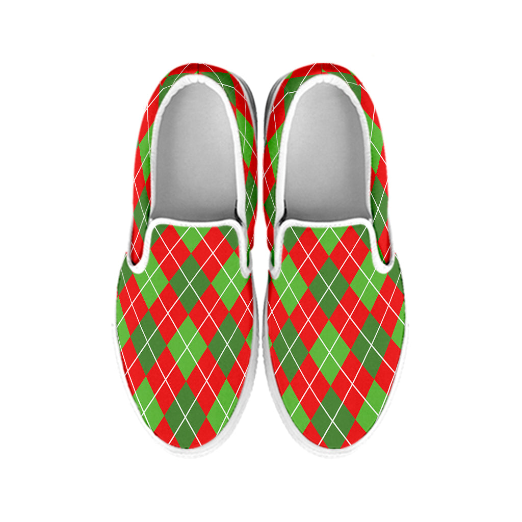 Red And Green Argyle Pattern Print White Slip On Shoes