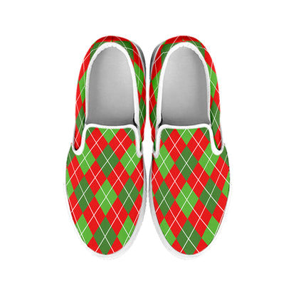 Red And Green Argyle Pattern Print White Slip On Shoes
